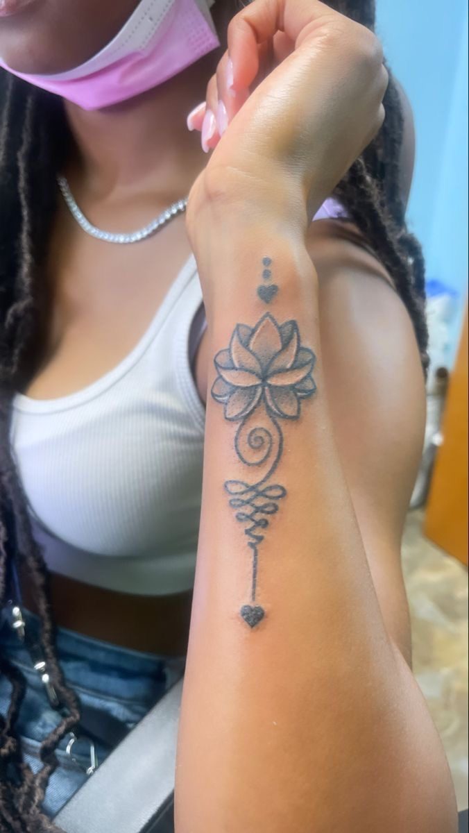 Lotus and unalome tattoo, wrist