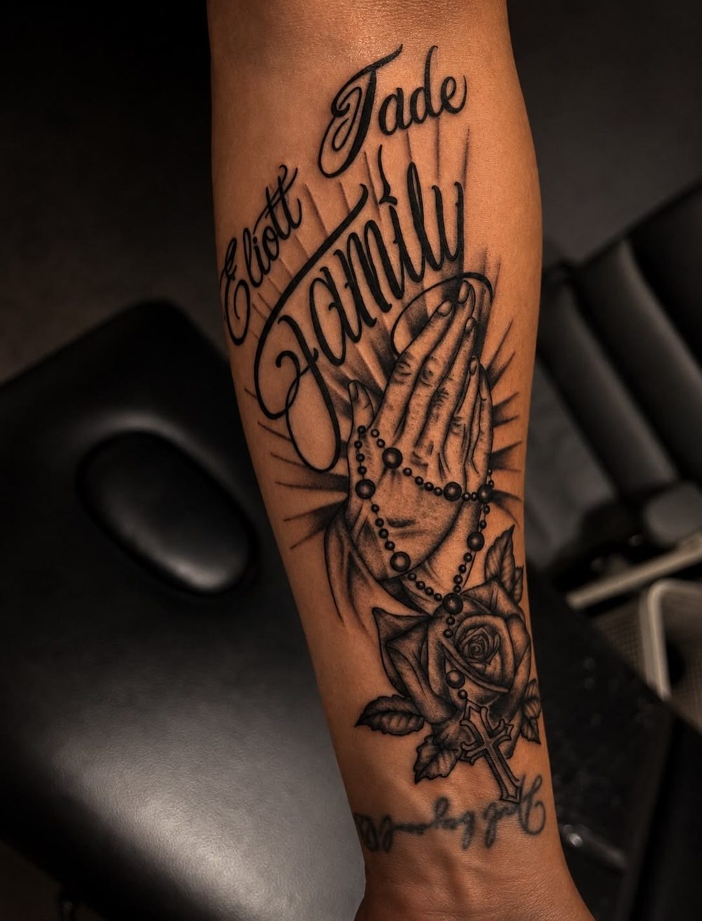 Praying hands, rosary and rose family tattoo