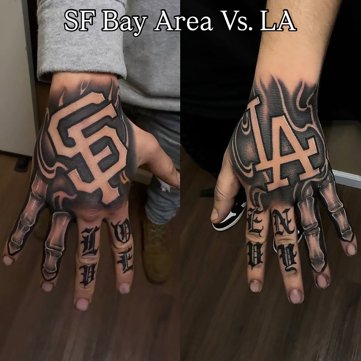 3D hand tattoo, skeleton illusion hand tattoo (SF vs LA)