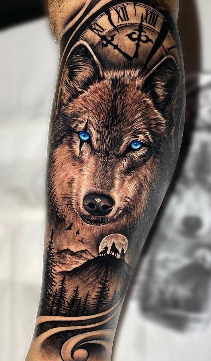 Realistic wolf and clock black and grey tattoo, forearm
